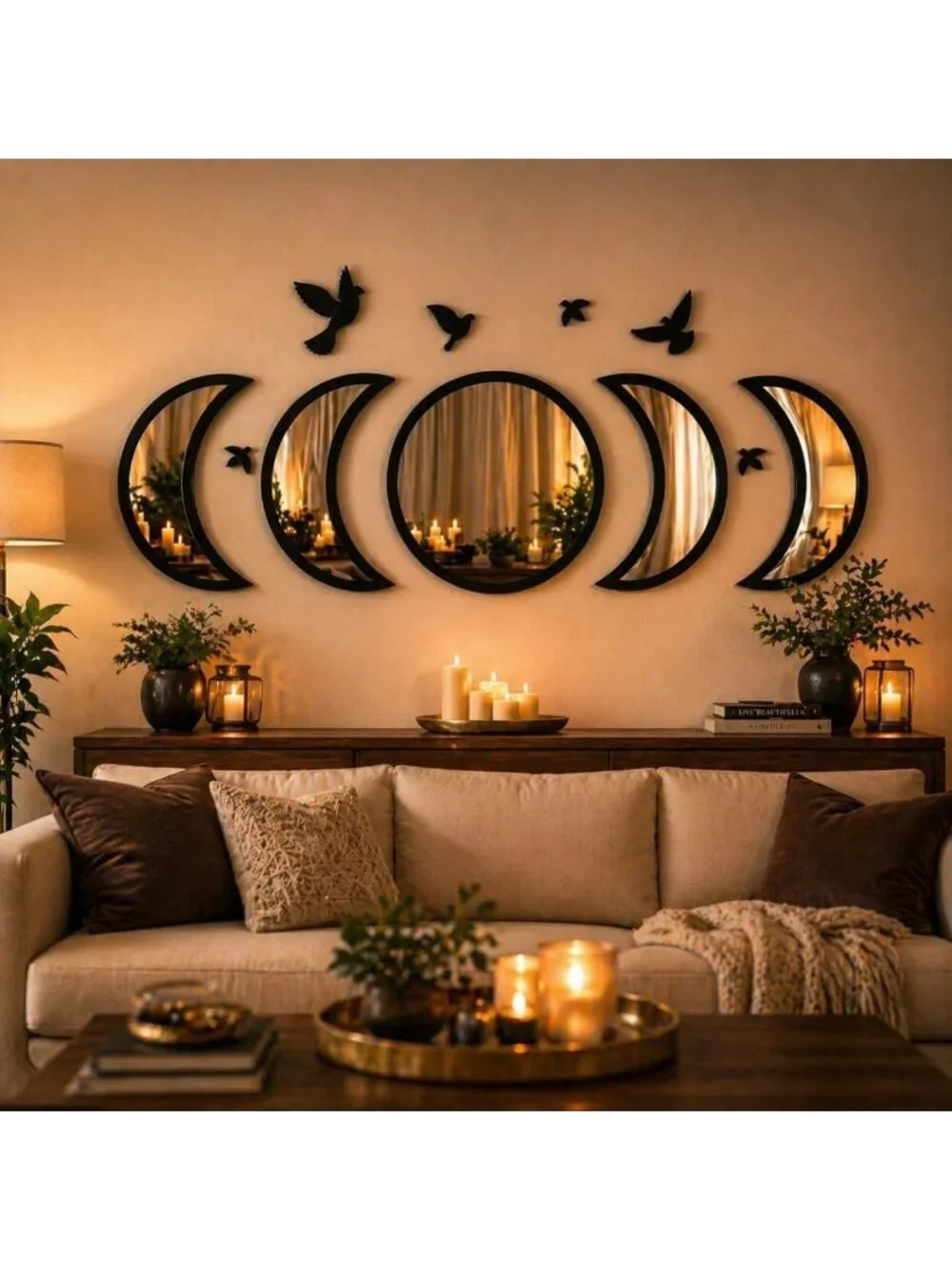 Moon Phase Wall Mirror Set with Birds | Gothic Boho Decor for Bedroom & Living